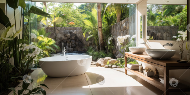 Скачать Ванная комната в тропическом стиле. Красивая современная ванная комната. Порождающий искусственный интеллект фотосток Ozero
