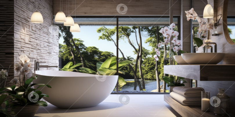 Скачать Современная ванная комната с видом на пальмы и тропики. Порождающий искусственный интеллект фотосток Ozero