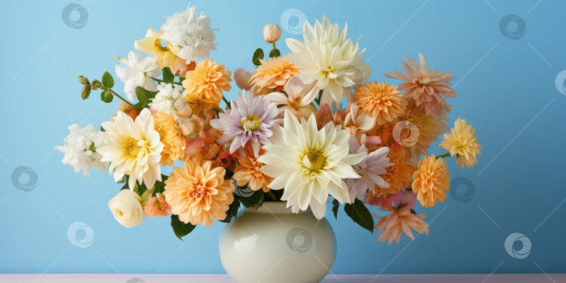 Скачать Букет красивых цветов в вазе на синем фоне. Порождающий искусственный интеллект фотосток Ozero