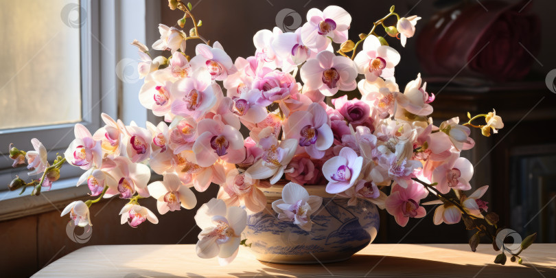 Скачать Букет орхидей в вазе у окна. Цветы в вазе. Порождающий искусственный интеллект фотосток Ozero