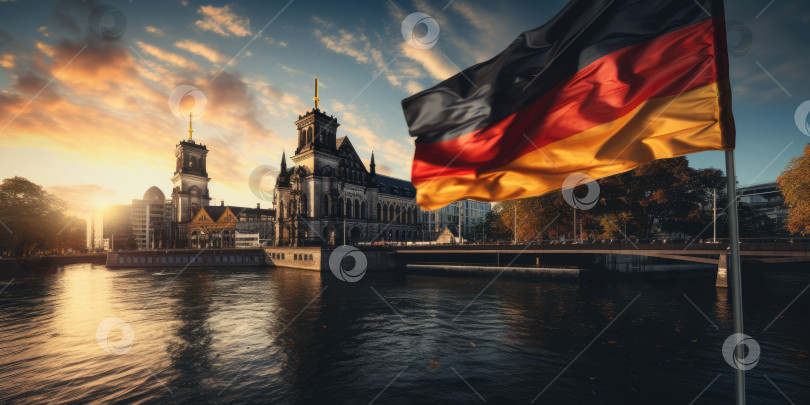 Скачать Немецкий флаг на фоне города. Порождающий искусственный интеллект фотосток Ozero