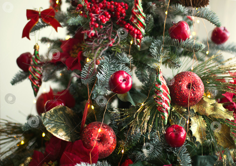 Скачать Красный декор на рождественской елке из яблок и пуансеттий. Рождественский фон и рамка для нового года. Крупный план, праздничная елка с ягодами, сосульками, гирляндами. Пространство для текста фотосток Ozero