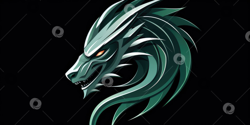 Скачать Зеленый фантастический дракон на темном фоне. Логотип. Порождающий искусственный интеллект фотосток Ozero