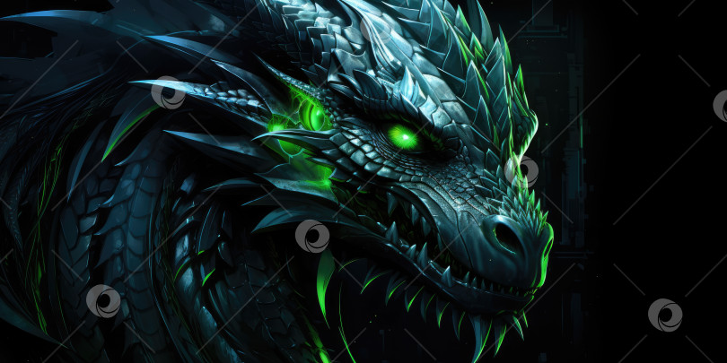 Скачать Зеленый фантастический дракон на темном фоне. Порождающий искусственный интеллект фотосток Ozero