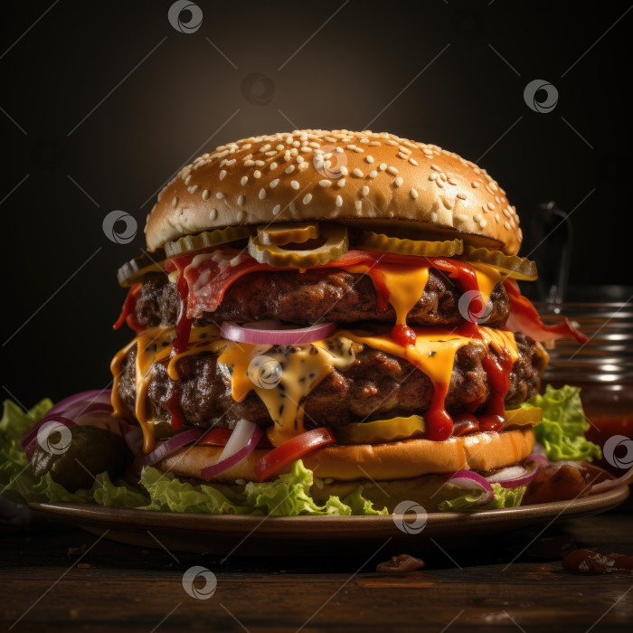 Скачать Национальное блюдо Америки - гамбургер. Блюдо крупным планом. Порождающий искусственный интеллект фотосток Ozero