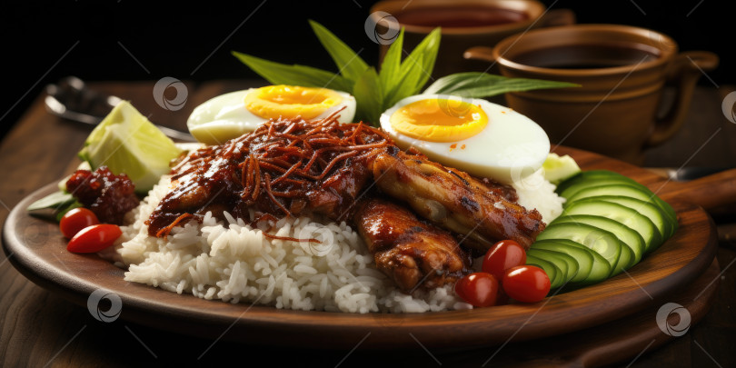 Скачать Национальное блюдо Малайзии - наси лемак. Блюдо крупным планом. Порождающий искусственный интеллект фотосток Ozero