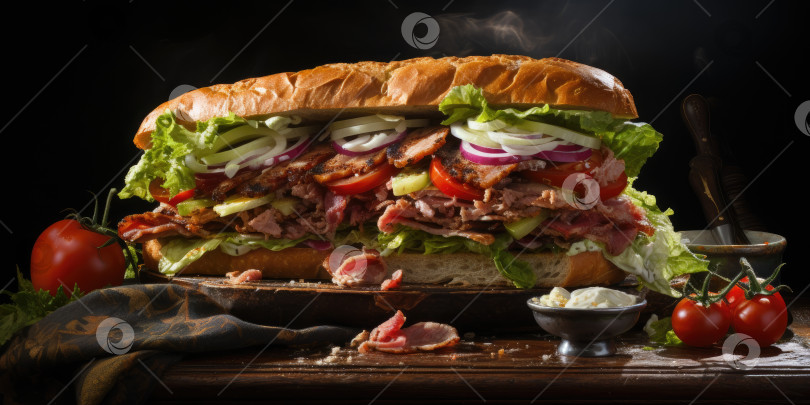Скачать Бутерброд крупным планом, фаст-фуд. Порождающий искусственный интеллект фотосток Ozero
