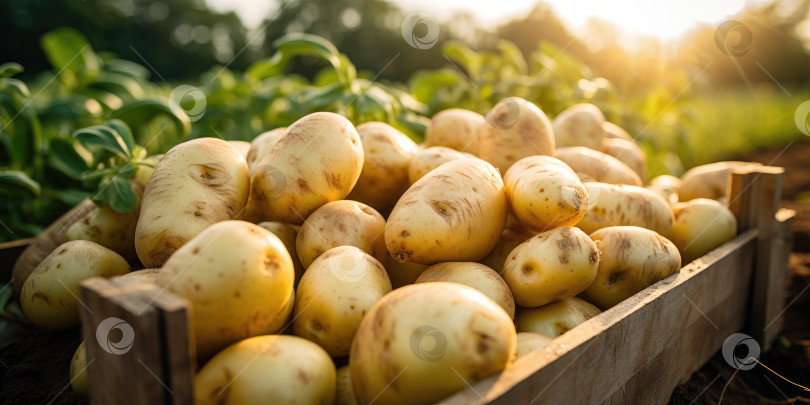Скачать Картофель на поле крупным планом. Уборка урожая картофеля. Порождающий искусственный интеллект фотосток Ozero