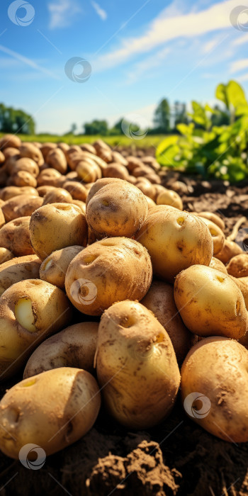 Скачать Картофель на поле крупным планом. Уборка урожая картофеля. Порождающий искусственный интеллект фотосток Ozero