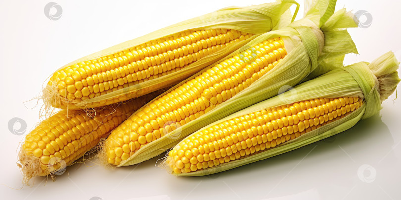 Скачать Кукуруза в початках крупным планом. Кукуруза на белом фоне. Порождающий искусственный интеллект фотосток Ozero