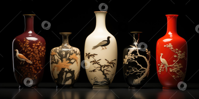 Скачать Красивые китайские вазы, национальные узоры и рисунки. Порождающий искусственный интеллект фотосток Ozero