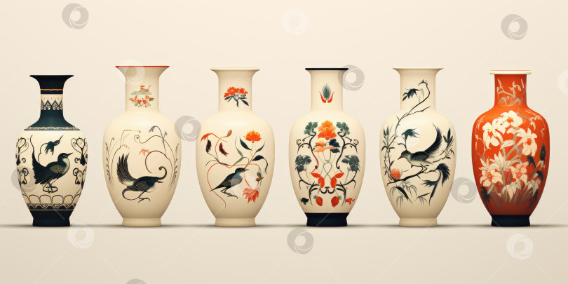 Скачать Старинные китайские вазы на светлом фоне, восточное искусство. Порождающий искусственный интеллект фотосток Ozero