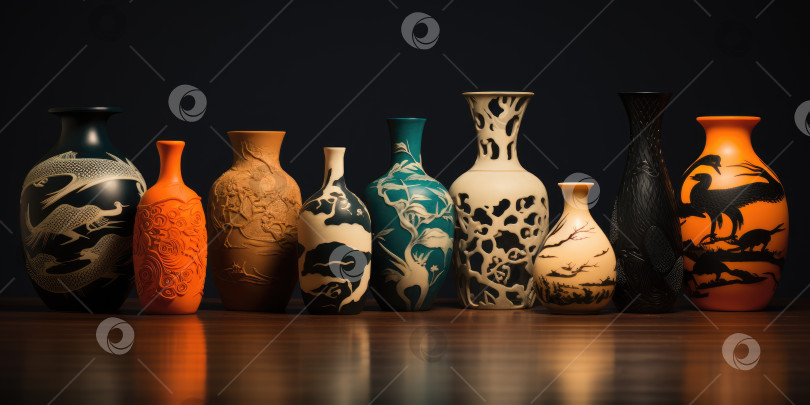 Скачать Красивые китайские вазы, национальные узоры и рисунки. Порождающий искусственный интеллект фотосток Ozero