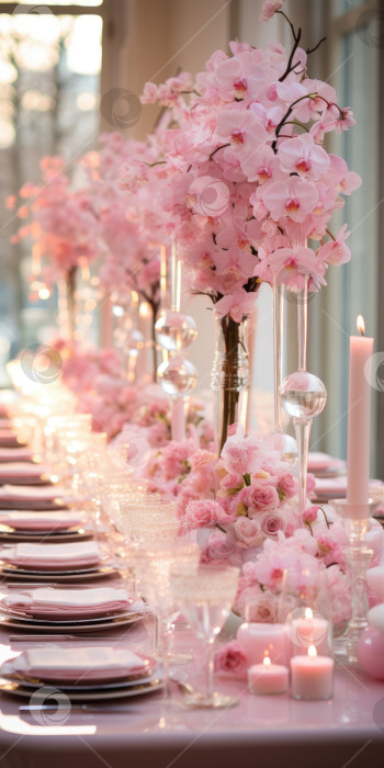 Скачать Розовый свадебный интерьер, цветочные композиции. Порождающий искусственный интеллект фотосток Ozero