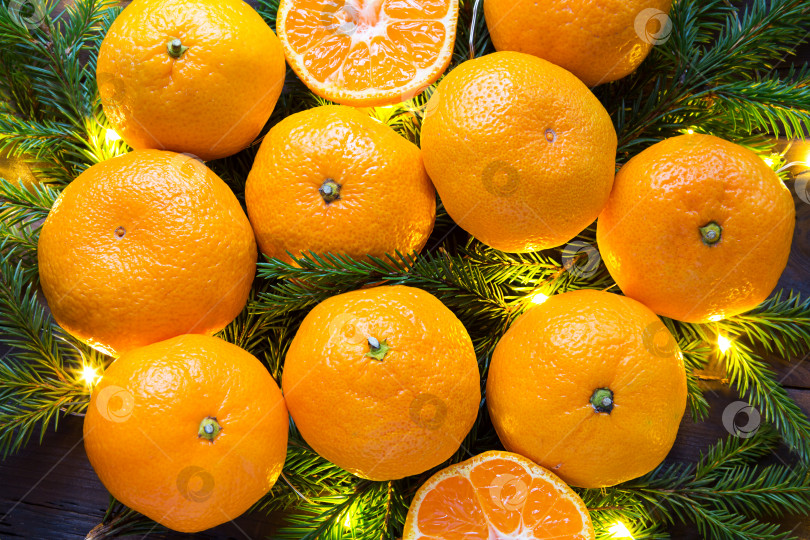 Скачать Свежие мандарины в гирляндах, на еловых ветках и мишуре - яркий новогодний фон. Половинка апельсина, цитрусовый аромат праздника. Рождество, Новый год. Место для текста. фотосток Ozero
