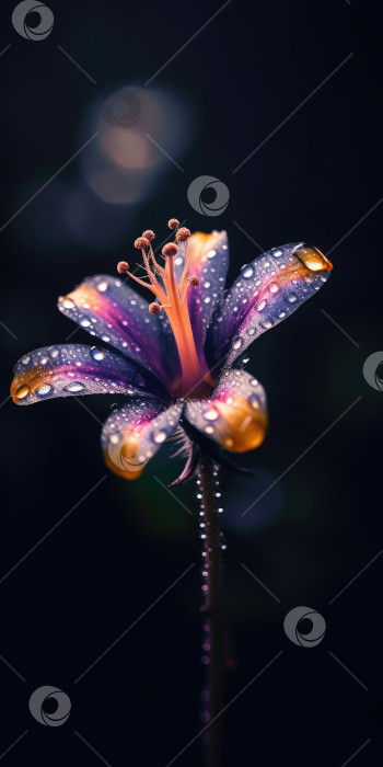 Скачать Красивый цветок с каплями дождя на темном фоне. Фотография для плаката или обоев. Порождающий искусственный интеллект фотосток Ozero