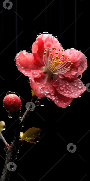 Скачать цветы айвы на темном фоне с каплями росы. Порождающий искусственный интеллект фотосток Ozero