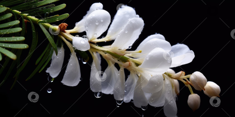 Скачать Цветы акации на темном фоне. Белые цветы с каплями дождя. Порождающий искусственный интеллект фотосток Ozero