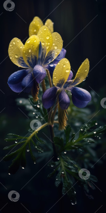 Скачать Синие цветы на темном фоне с каплями росы. Порождающий искусственный интеллект фотосток Ozero