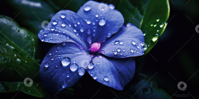 Скачать великолепный цветок барвинка с каплями дождя. Порождающий искусственный интеллект фотосток Ozero