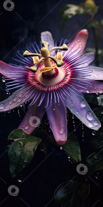 Скачать Растение пассифлора, экзотический цветок крупным планом. Порождающий искусственный интеллект фотосток Ozero