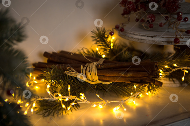 Скачать Палочки корицы, перевязанные бечевкой, в желтых гирляндах из огоньков на ветвях рождественской елки и красных ягодах. Атмосфера новогоднего праздничного фона, детали декораций фотосток Ozero
