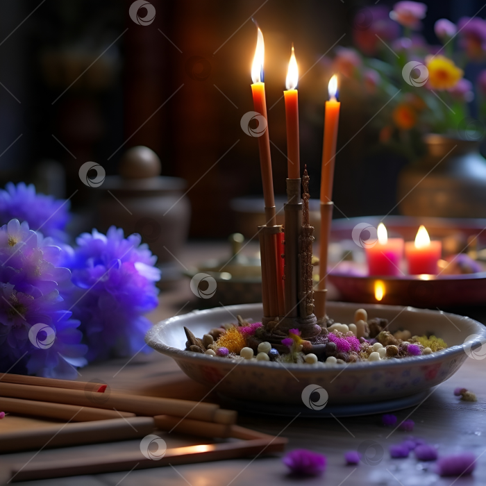 Скачать Три свечи горят на блюдце, рядом синие цветы, сандаловые палочки ароматические. Стол для поклонения и общения с богами. фотосток Ozero