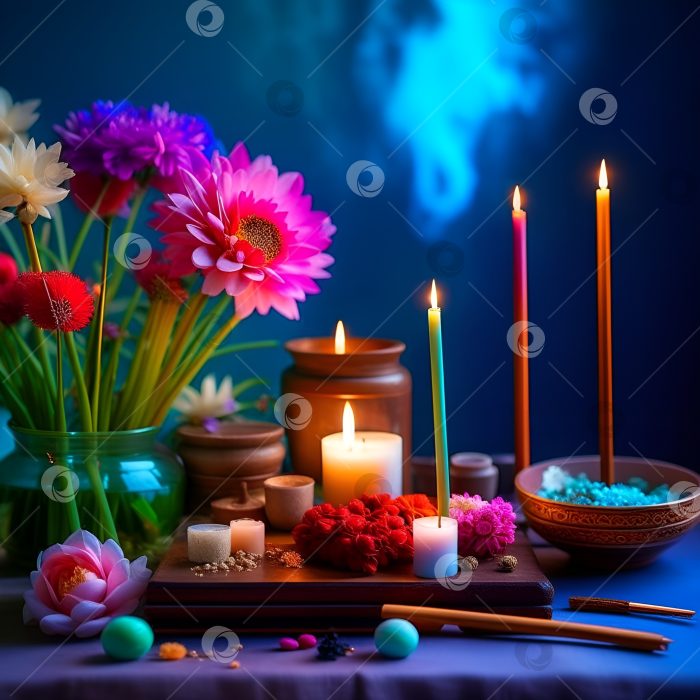 Скачать Картина со свечами, букетом цветов, атрибуты для медитации, сандал арома палочки. фотосток Ozero