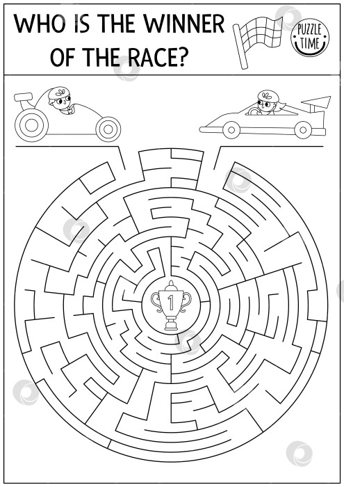 Скачать Транспортный черно-белый лабиринт для детей с гоночными машинками на трассе. Линейный спортивный транспорт для дошкольного учреждения, пригодный для печати. Игра в круглый геометрический лабиринт, головоломка. Кто является победителем гонки фотосток Ozero