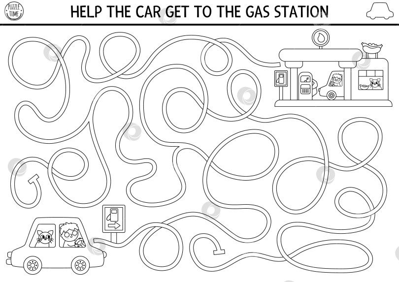 Скачать Транспортный черно-белый лабиринт для детей с автомобилем, водителем. Линейный транспорт, пригодный для печати, или страница-раскраска. Игра-лабиринт, головоломка с заправкой, кафе. Помогите машине добраться до заправочной станции фотосток Ozero