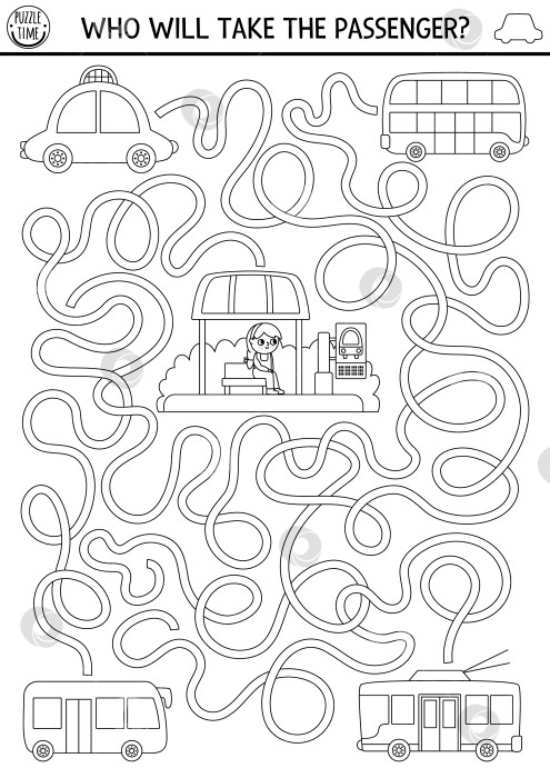 Скачать Транспортный черно-белый лабиринт для детей с девочкой, ожидающей транспорта. Линейное занятие для печати в дошкольном учреждении. Игра-лабиринт или раскраска с автобусом, троллейбусом, такси. Кто возьмет пассажира фотосток Ozero