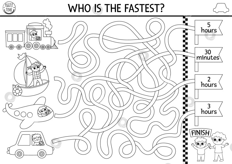 Скачать Транспортный черно-белый лабиринт для детей с автомобилем, поездом, лодкой, самолетом. Соревнование по линейному транспорту для дошкольного учреждения, пригодное для печати. Игра-лабиринт или раскраска. Кто самый быстрый фотосток Ozero