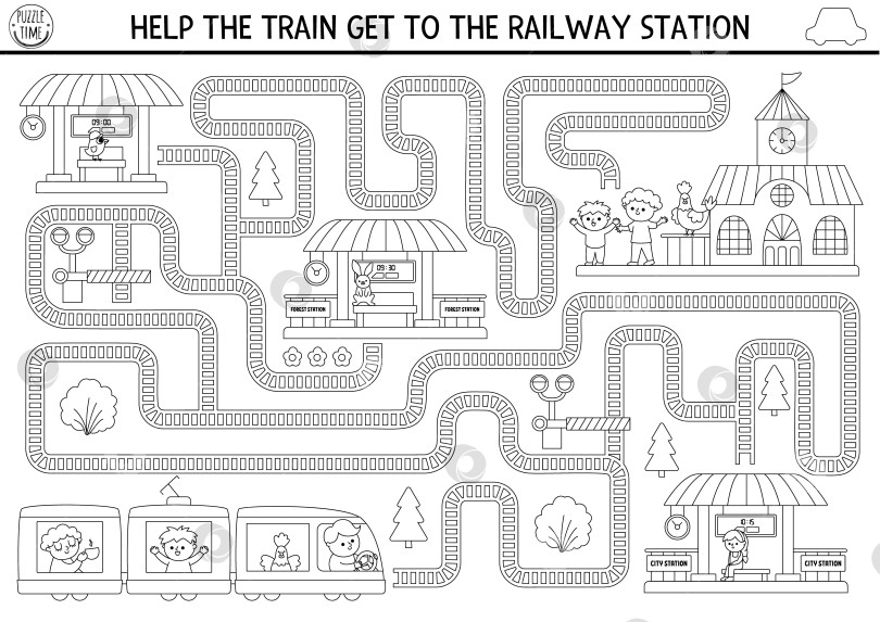 Скачать Транспортный черно-белый лабиринт для детей с железной дорогой, водителем, пассажирами. Линейный транспорт дошкольного учреждения, пригодный для печати. Игра-лабиринт, головоломка, раскраска. Помогите поезду добраться до железнодорожной станции фотосток Ozero