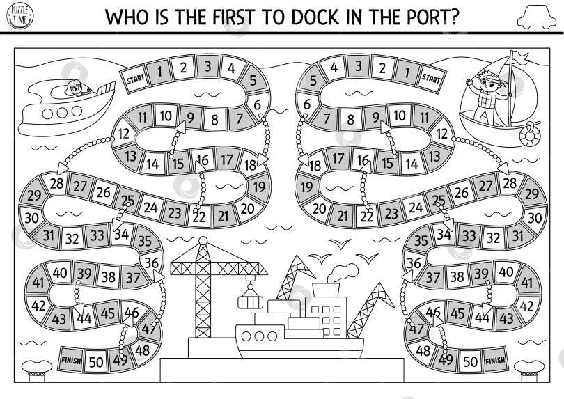 Скачать Городской транспорт черно-белая соревновательная настольная игра в кости с лодками, морским портом. Настольная игра на водном транспорте для детей со скоростным катером, яхтой.  Линейное упражнение для печати или раскраска фотосток Ozero