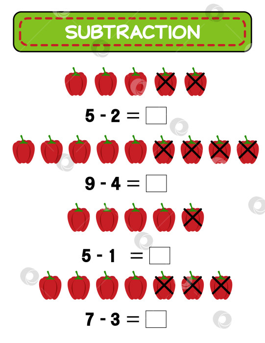 Скачать вычитание для детей. перец. овощи. минус. тренинг для детей. рабочий лист фотосток Ozero