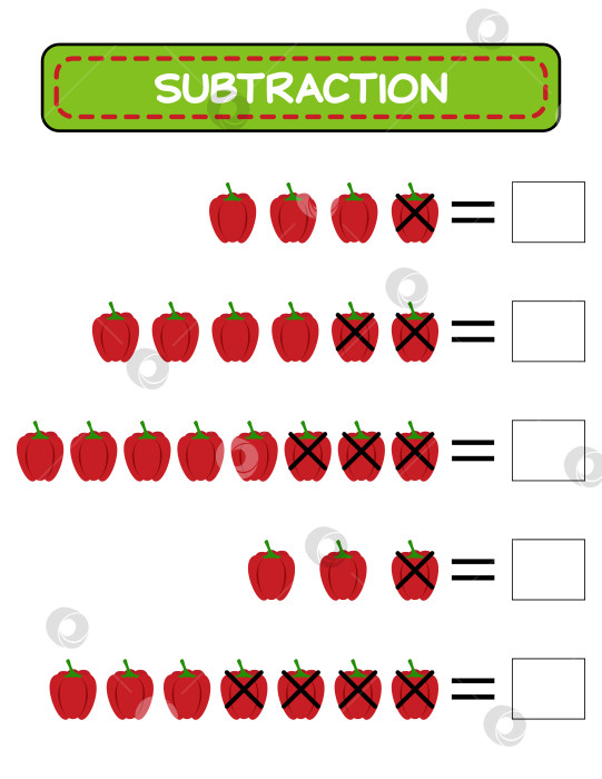Скачать вычитание для детей. перец. овощи. минус. тренинг для детей. рабочий лист фотосток Ozero