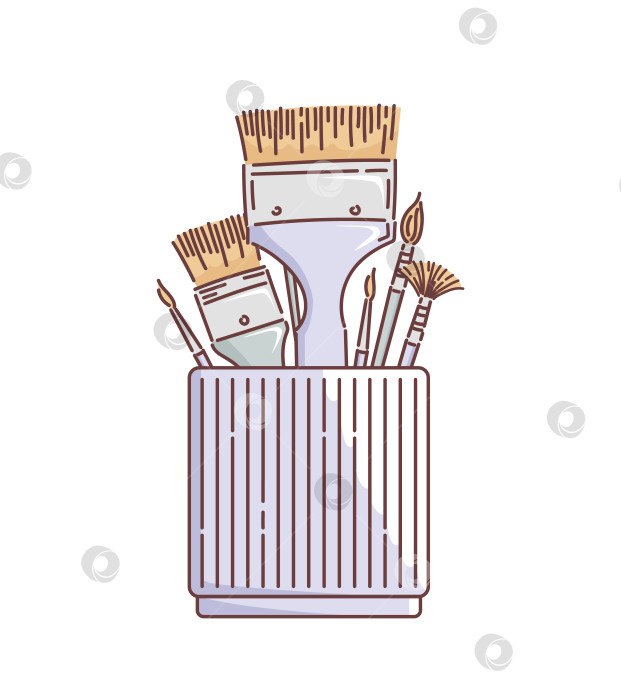 Скачать Various artistic brushes in a stand. Round and flat, flute brush and fan. Vector illustration in doodle style. painting supplies. For stickers, posters, postcards, design elements фотосток Ozero
