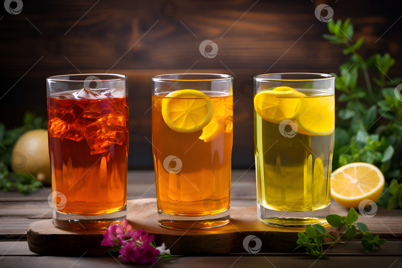 Скачать Напитки из чайного гриба. Набор стаканов с разнообразным чаем чайный гриб, приготовленным из дрожжей, сахара и чая с добавлением фруктов, ягод, лимона и зелени. Ферментированный чай или чайный квас. Баннер с пробиотическим напитком, место для копирования фотосток Ozero