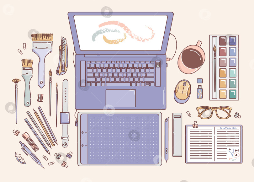 Скачать Desktop of an artist or designer, laptop, Paints and brushes, notebook, mug, graphic tablet, binder clip, stylus, flash drive, glasses. Doodle style. office. For posters, cards, design elements фотосток Ozero
