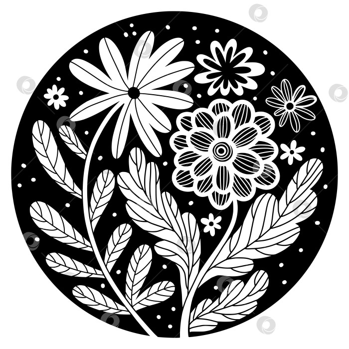 Скачать Круглая эмблема в виде черно-белых цветов, Декоративный абстрактный цветочный значок фотосток Ozero