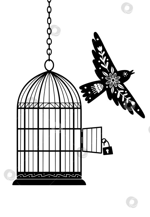 Скачать Рисунок силуэта птицы и клетки, черное на белом, Концепция свободы фотосток Ozero