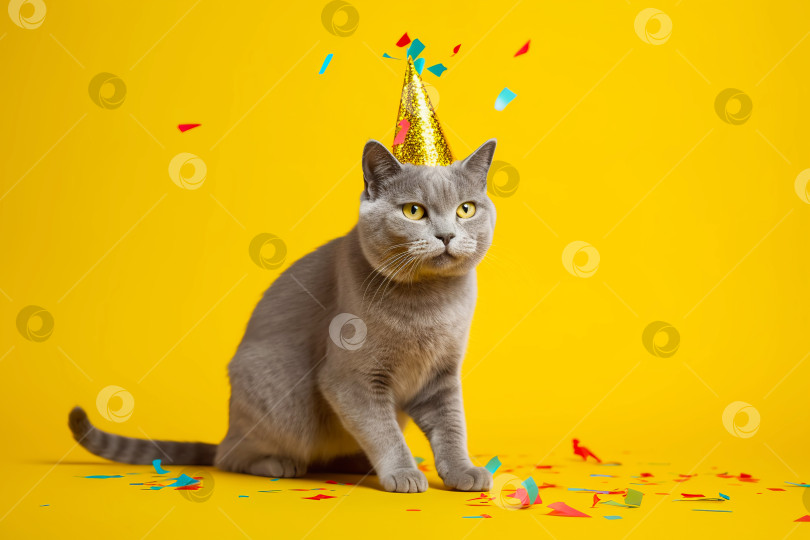 Скачать Большая британская серая кошка празднует день рождения в золотой шапочке на фоне праздничного конфетти. Иллюстрация генеративного искусственного интеллекта фотосток Ozero