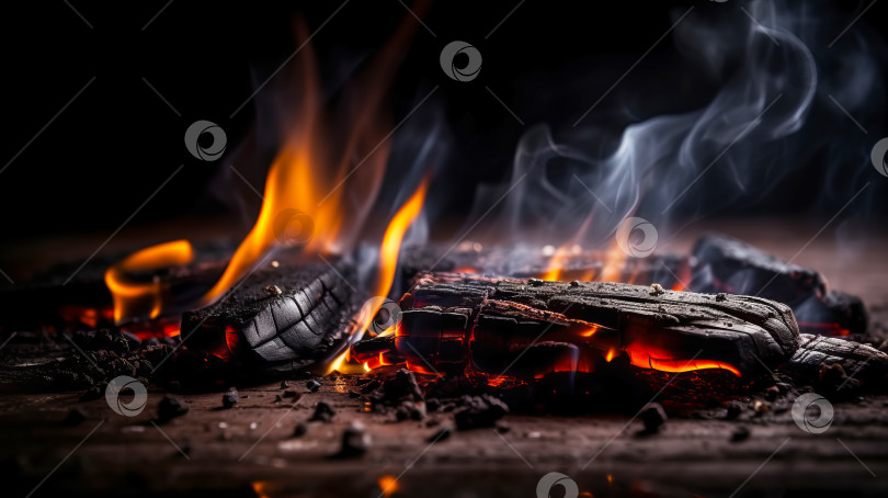 Скачать Фон из пламени древесного угля для барбекю. Пустой горящий уголь для размещения товара. Иллюстрация генеративного искусственного интеллекта фотосток Ozero