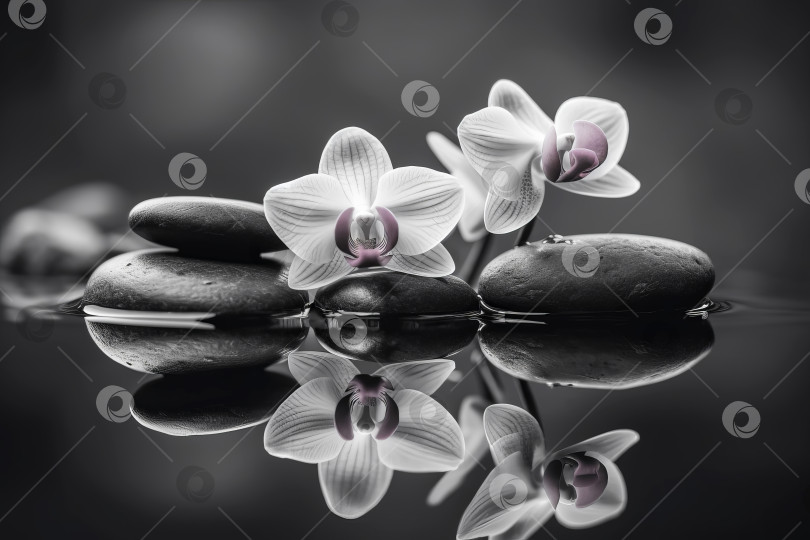 Скачать Черные и белые орхидеи и спа-камни балансируют на спокойной воде. Иллюстрация генеративного искусственного интеллекта фотосток Ozero