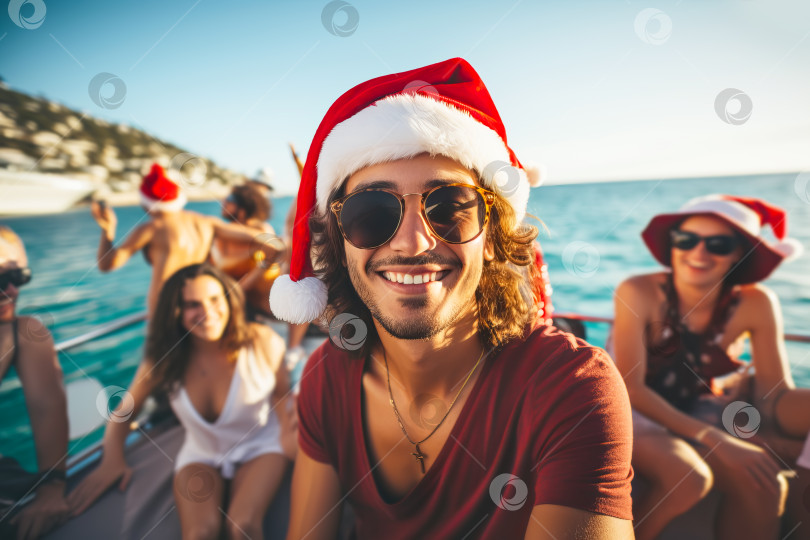 Скачать Группа друзей празднует Рождество на роскошной яхте на эксклюзивной вечеринке на лодке. Иллюстрация генеративного искусственного интеллекта фотосток Ozero