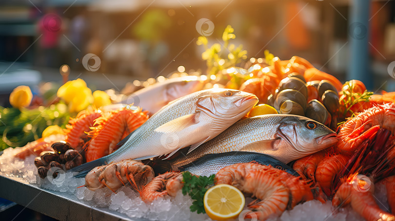 Скачать Местный рынок со свежими фермерскими продуктами. Морская рыба и морепродукты крупным планом на уличном прилавке. Иллюстрация генеративного искусственного интеллекта фотосток Ozero