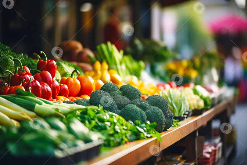 Скачать Местный рынок со свежими фермерскими продуктами. Овощи и зелень крупным планом на уличном прилавке. Иллюстрация генеративного искусственного интеллекта фотосток Ozero