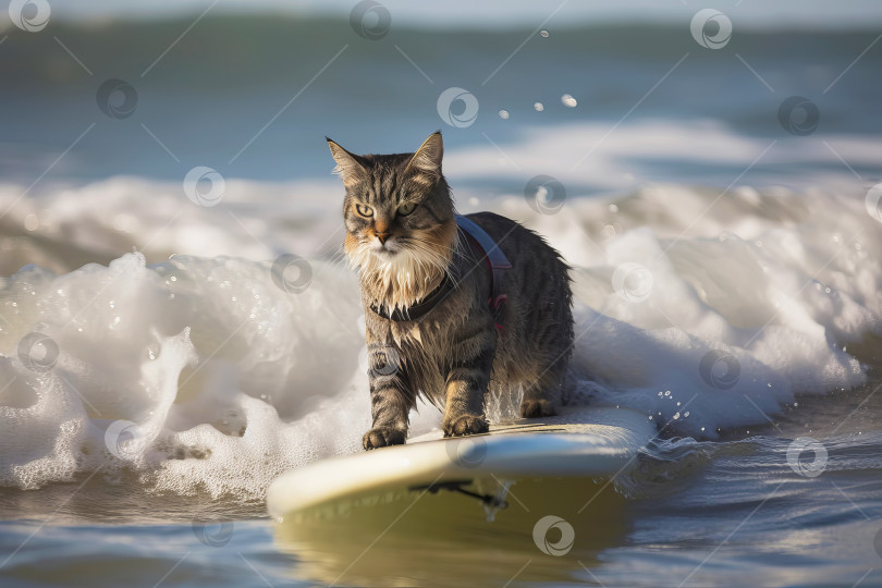 Скачать Забавный кот катается на доске для серфинга по океанским волнам. Летние каникулы. Иллюстрация генеративного искусственного интеллекта фотосток Ozero