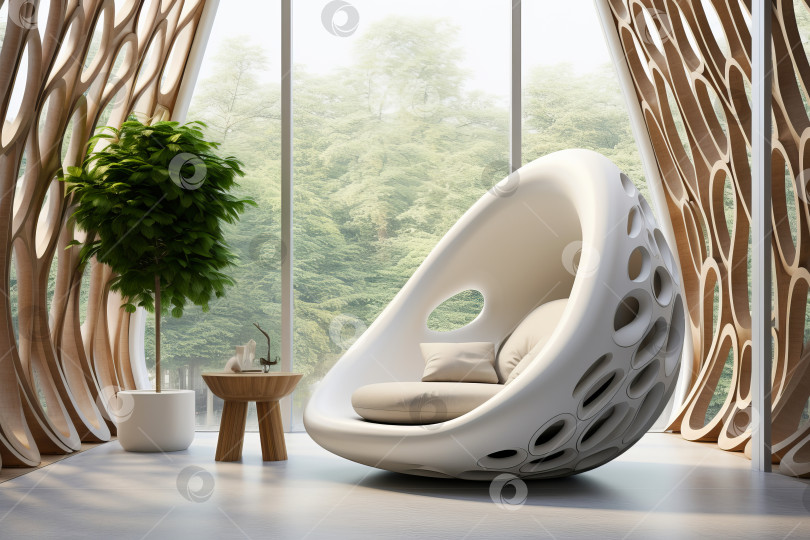 Скачать Футуристическое кресло-кокон в современной гостиной в стиле бохо. Иллюстрация генеративного искусственного интеллекта фотосток Ozero