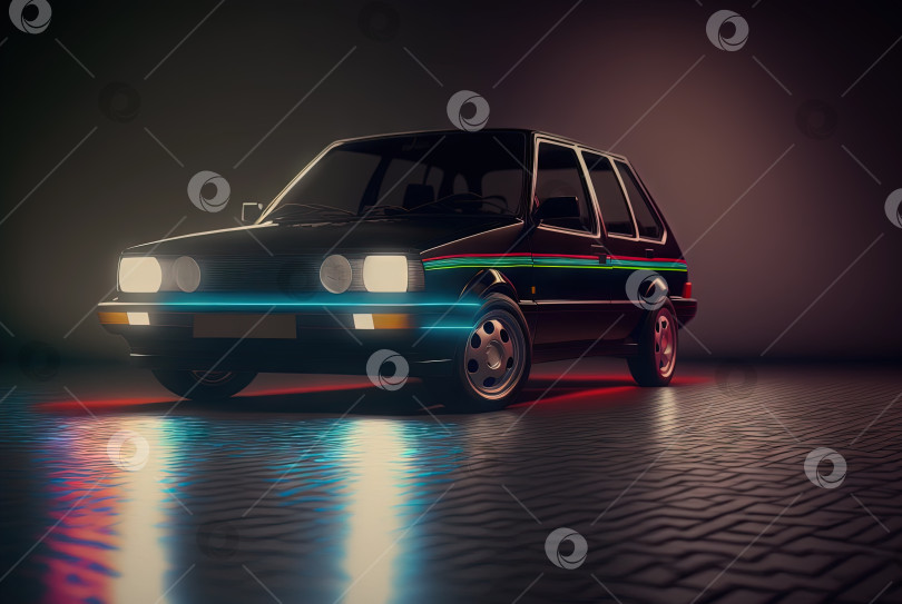 Скачать абстрактный ретро-автомобиль в стиле 80-х годов. Винтажный автомобильный дизайн в неоновых огнях. Сгенерированный искусственный интеллект. фотосток Ozero